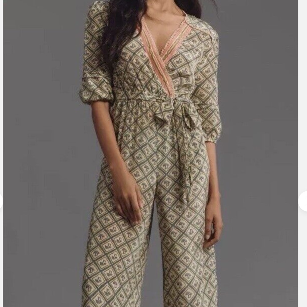 NWT 🍄 Farm Rio x Anthropologie V-Neck Jumpsuit Mushrooms Size S Lightwei…